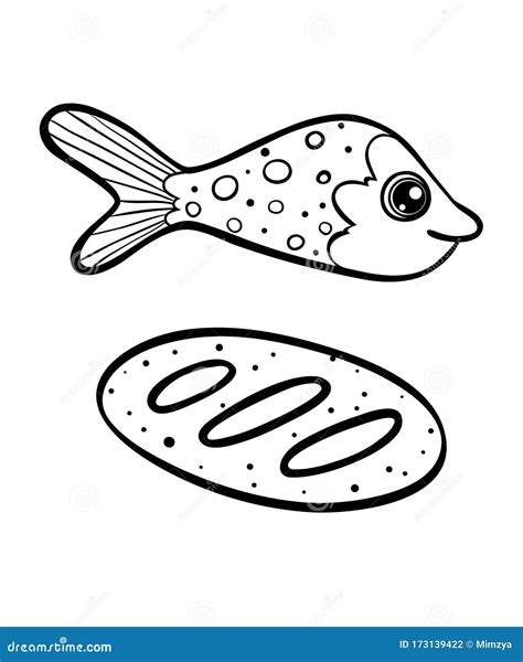 fresh fish  bread coloring page  kids funny vector graphic