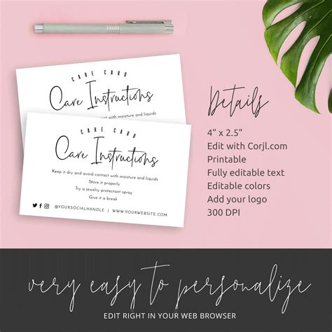 printable care card template editable care instructions card etsy