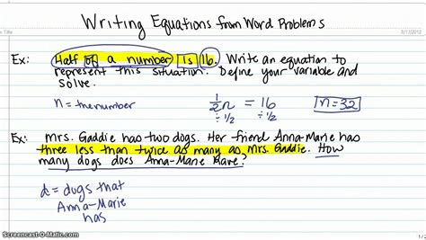 writing equations  word problems youtube