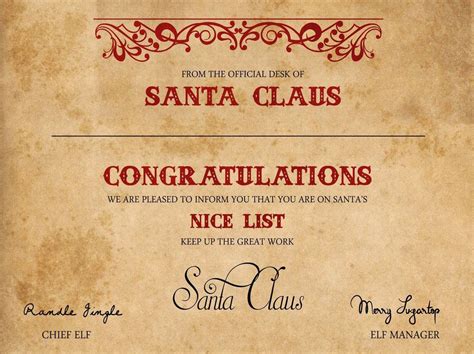 nice list certificate stamped  santa santas nice list nice list
