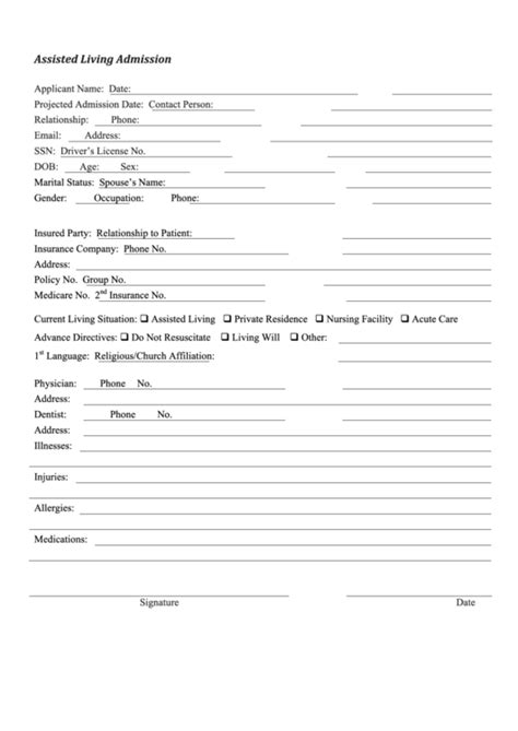 Assisted Living Admission Form Printable Pdf Download