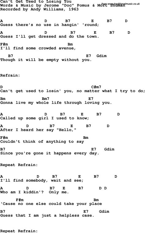 Song Lyrics With Guitar Chords For Cant Get Used To Losing You Andy