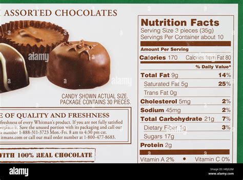 nutrition facts   box  chocolates stock photo alamy