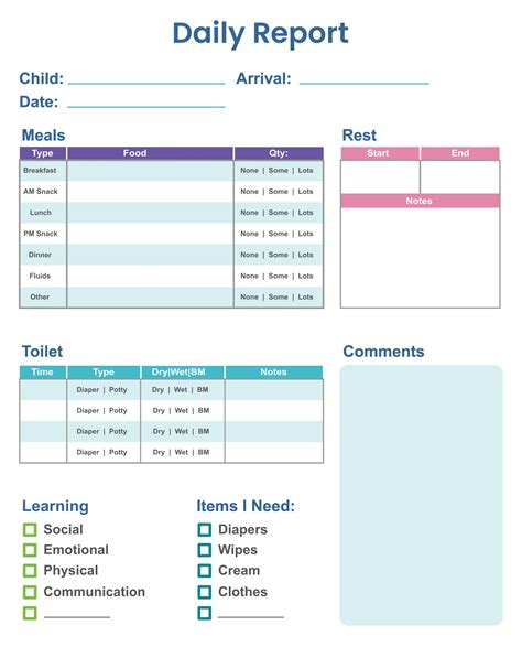 daycare infant daily report template
