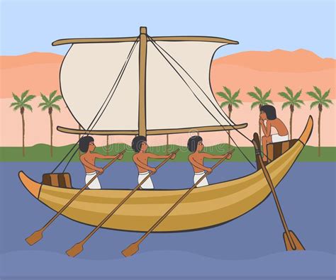 Nile River Of Ancient Egypt With Sailboats Vector Cartoon