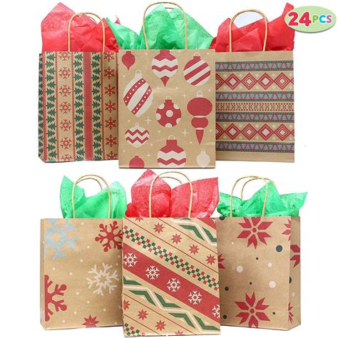 christmas kraft gift bags  assorted christmas prints  kraft holiday paper gift bags