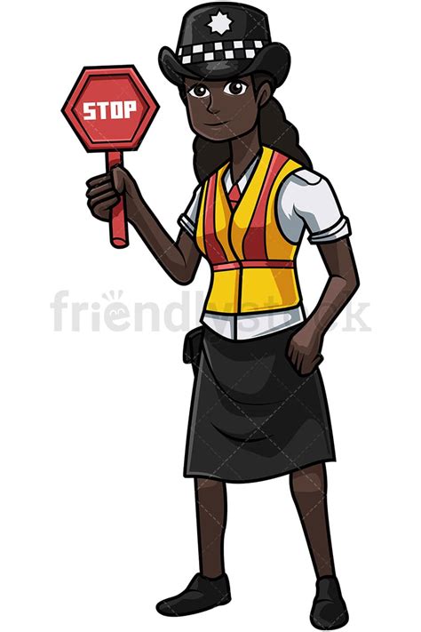uk black policewoman holding stop sign cartoon vector