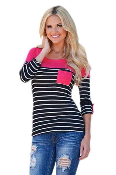 Hot Pink Shoulder Black And White Striped Knit Top Black