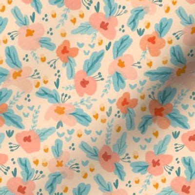 watercolor floral  peach teal light fabric spoonflower