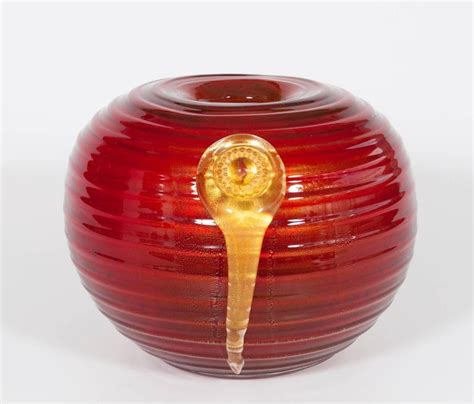 Italian Deco Vase Bowl In Blown Murano Glass Red And Gold