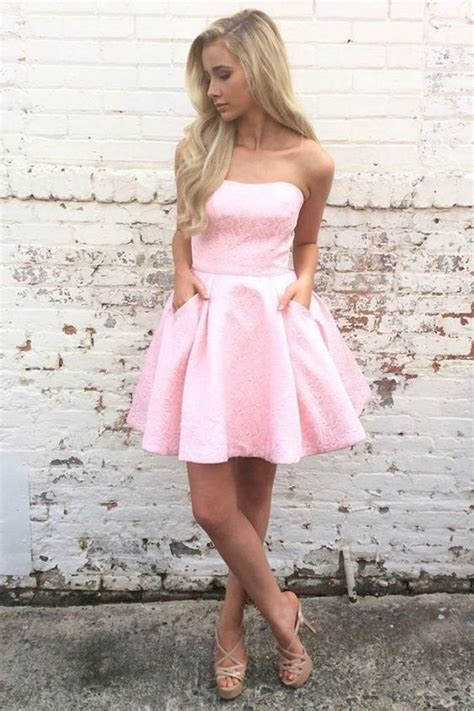 elegant strapless pink hoco dresses  pockets fashion party dresses strapless homecoming