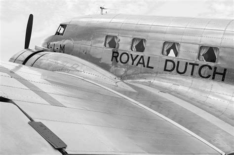 lelystad netherlands aug   vintage aircraft douglas dc uiver   klm airline stock