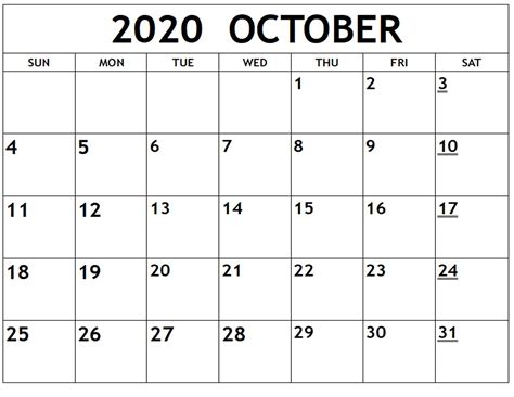 October 2020 Printable Calendar Template Printable Calendar