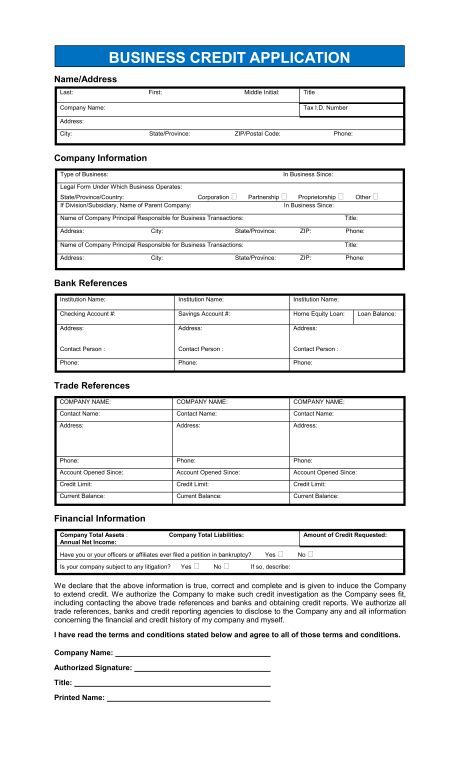printable credit application form form generic credit