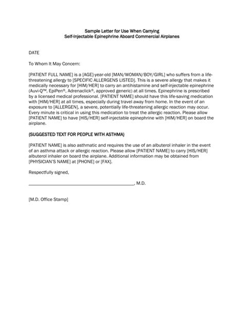 sample letter  carrying  injectable epinephrine aboard