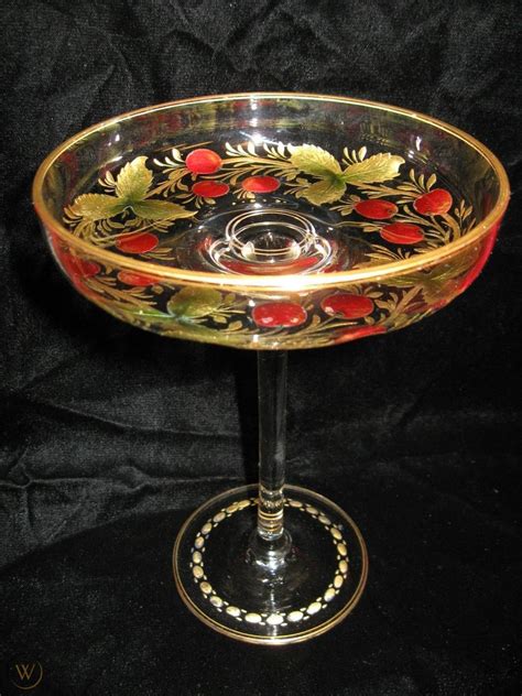 Antique Bohemian Moser Reverse Painted Cut Glass Gold Leaf Cherries