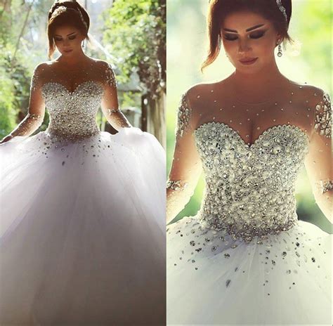 luxury pearls shiny crystals beaded long sleeve ball gown wedding dress  vestidos de novias