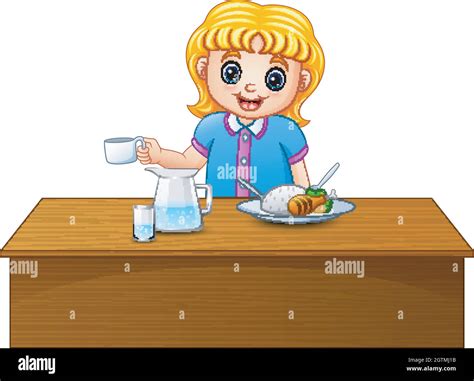 Cute Blonde Haired Girl Eating On Dining Table Stock Vector Image And Art