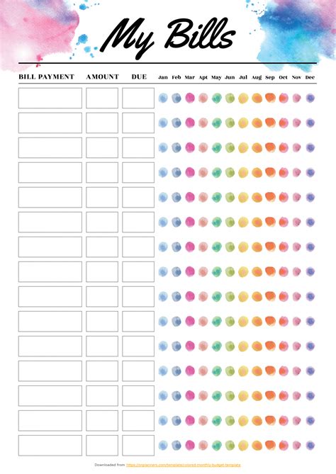 printable colored monthly budget template