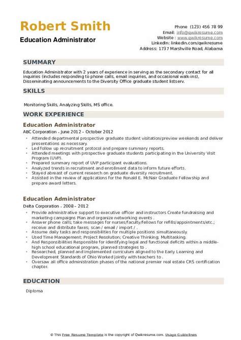 education administrator resume samples qwikresume