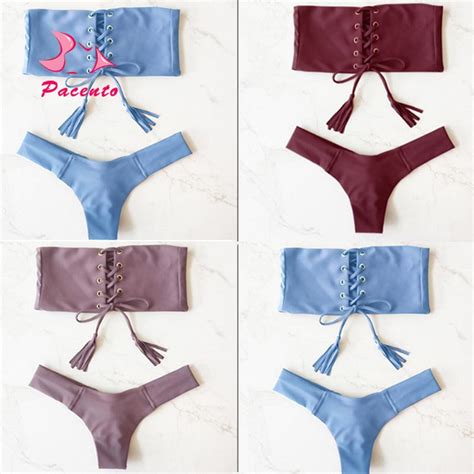 pacento 3 colors crisscross tassel bikini brazilian thong set bandeau