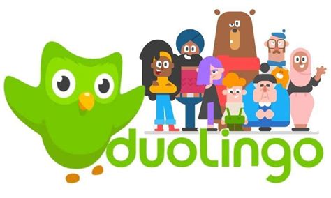 words duolingo  surrounded  cartoon characters