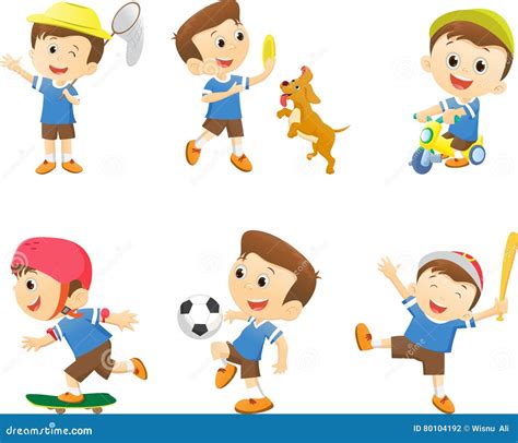 collection  happy cartoon boy playing stock vector illustration  mascot remote