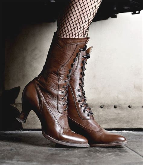 modern victorian lace  leather boots  cognac