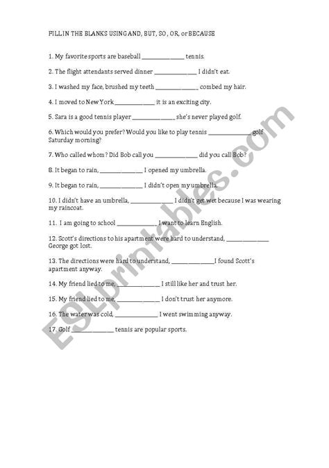 english worksheets conjunction review