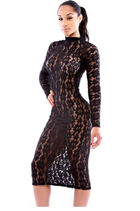 fashion lace night dress robe all black sheer crew neck midi dress long