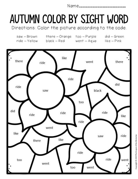 Color By Sight Word Fall Kindergarten Worksheets Flowers
