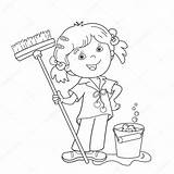 Cartoon Coloring Outline Mop Girl Stock Bucket Housework Vector Book Kids sketch template