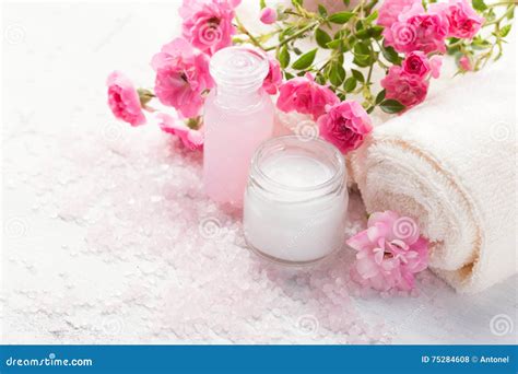 spa setting  branch  small pink roses stock photo image