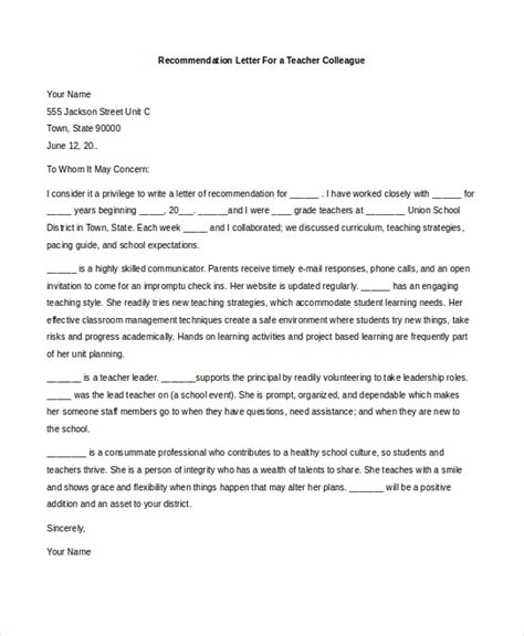 sample teacher recommendation letters   ms word