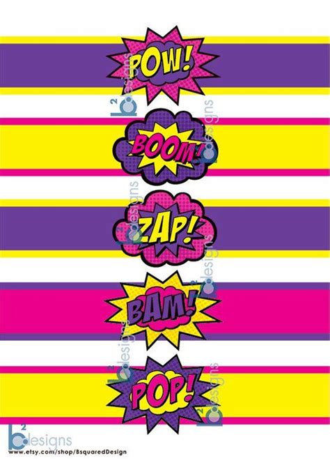 superhero waterbottle labels pow boom zap pop bam