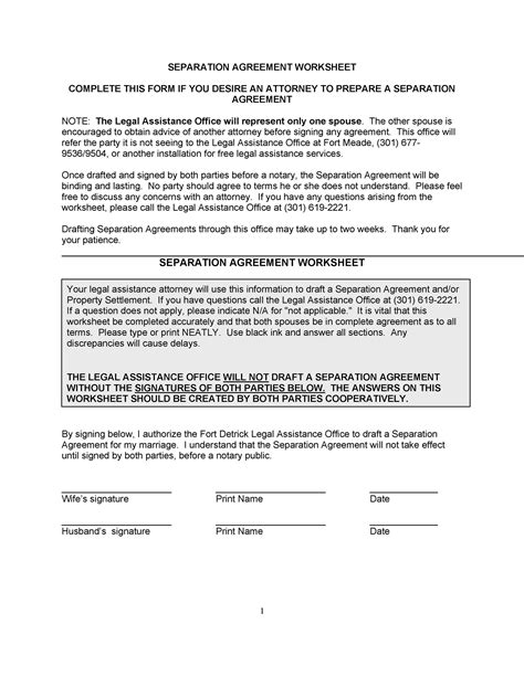 nc separation agreement worksheet tutoreorg master  documents