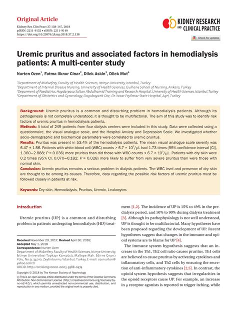 Pdf Uremic Pruritus And Associated Factors In Hemodialysis Patients
