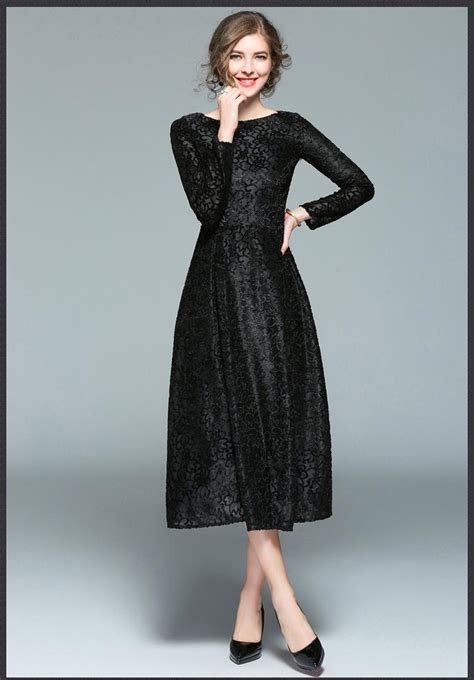women mid calf long casual velvet jacquard black dress female 2018