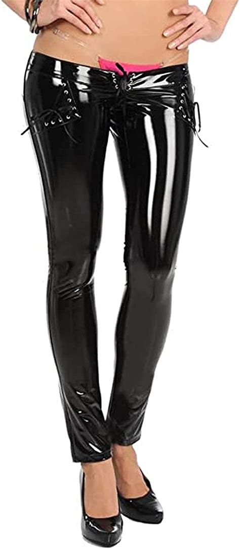 leesuo women s faux latex pants shiny wetlook pvc leather lace up