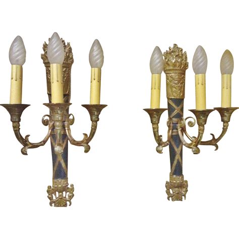 Pair Of Large Vintage French Empire Style Bronze 3 Lite Wall Sconces