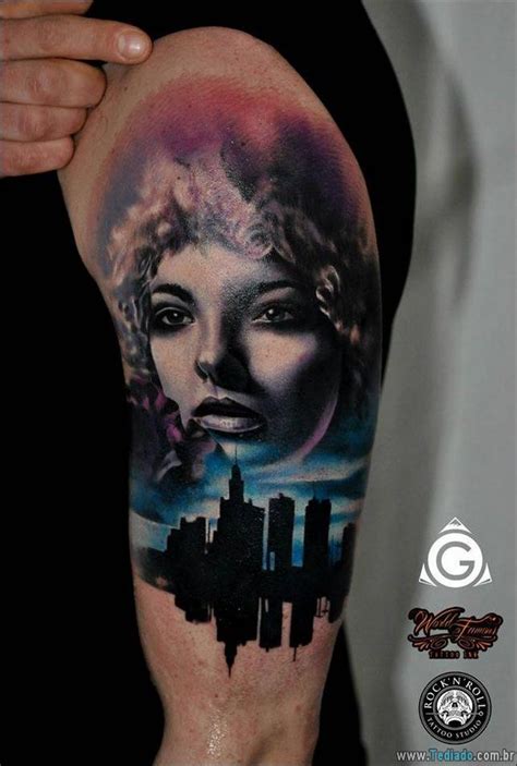 Portrait Style Colored Shoulder Tattoo Of Woman Face With Night City