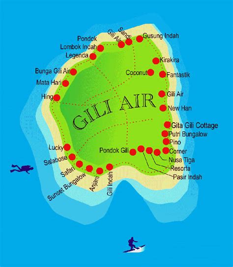 map of gili air hotels bungalows boutique resorts etc lombok island interactive places