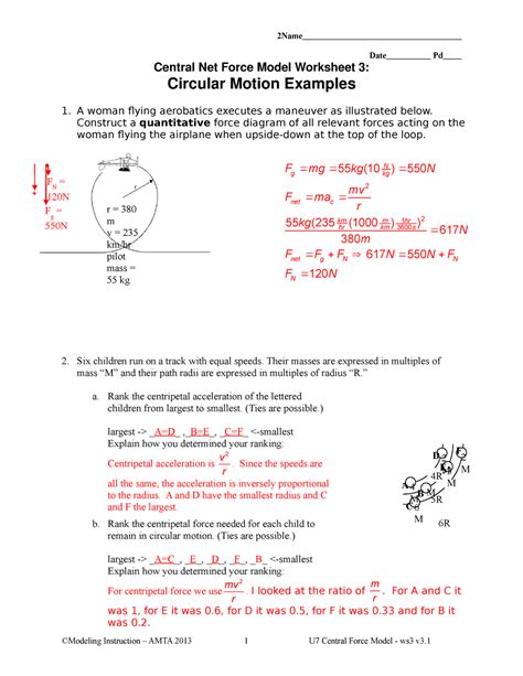 circular motion  answers  date pd central net force model worksheet  circular motion
