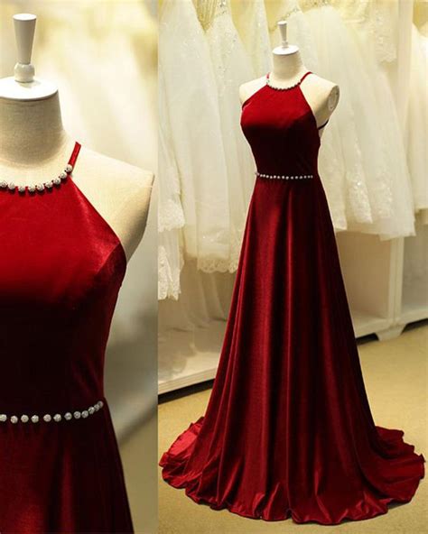 halter red velvet prom dress long women formal evening