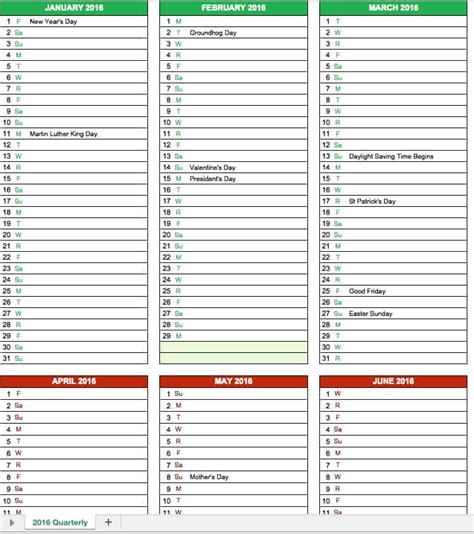 quarterly calendar spreadsheet  printable templates www
