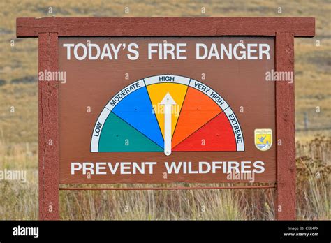board displaying current fire danger national bison range moiese montana usa stock photo alamy