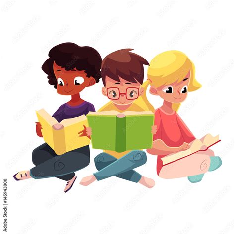 children boys  girls reading interesting book sitting