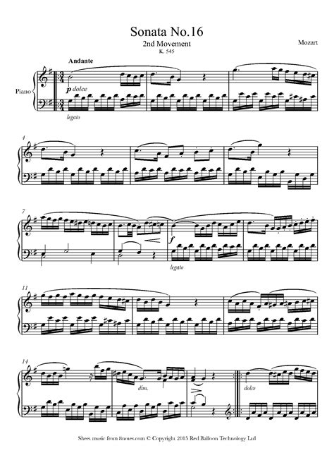 Mozart Sonata No 16 K 545 2nd Movement Sheet Music For Piano