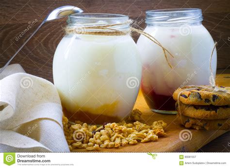 eigengemaakte yoghurt met bessen en koekjes stock afbeelding image  metaal bank