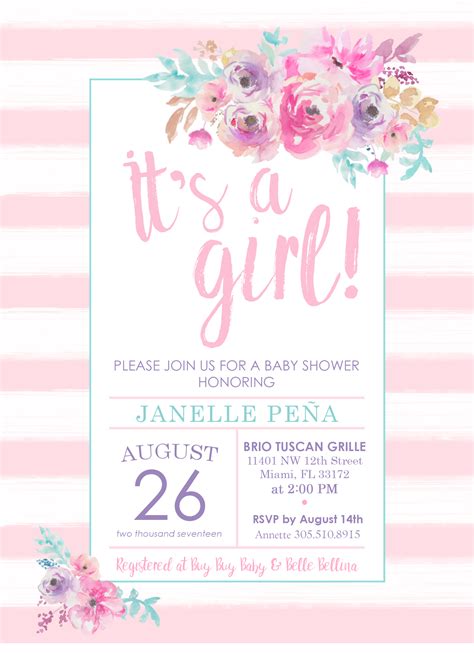 girl baby shower invitation watercolor floral pink